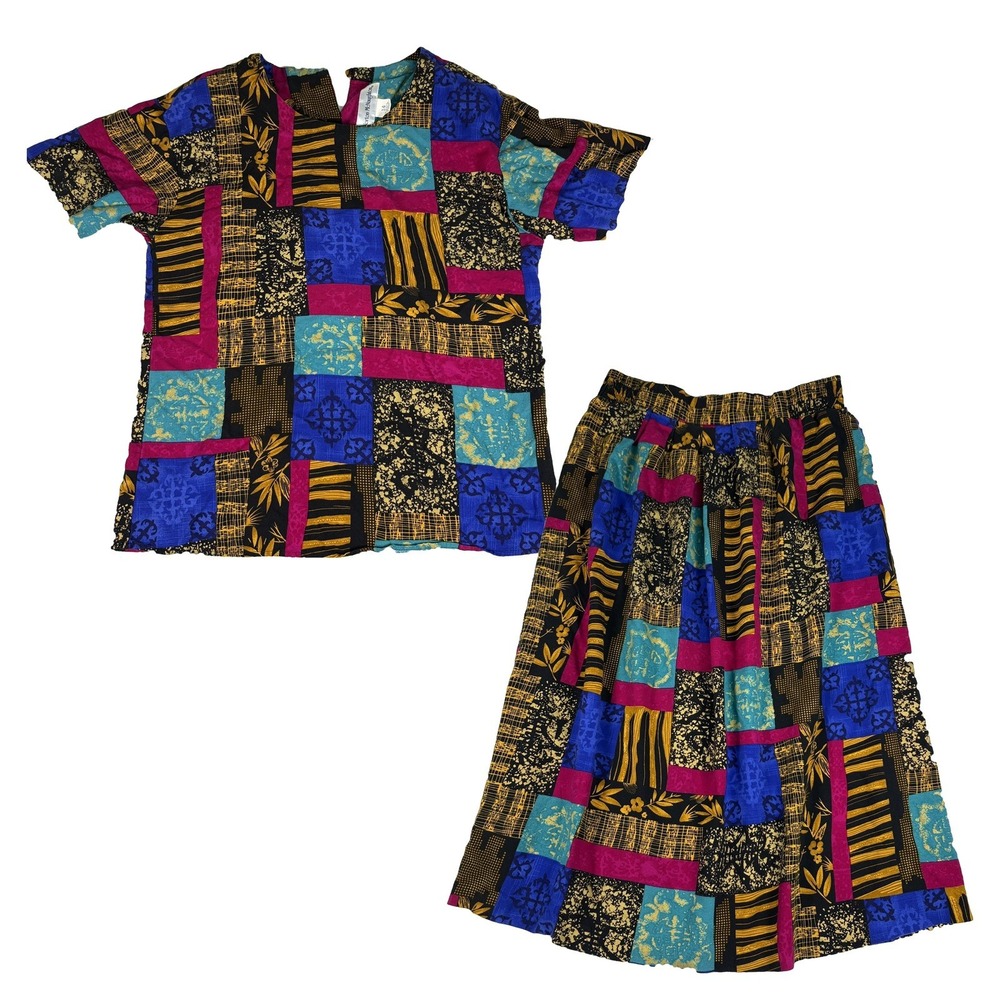 Vintage 90s Norton McNaughton Patchwork Top Skirt Set 14 Made in USA Boho Midi
